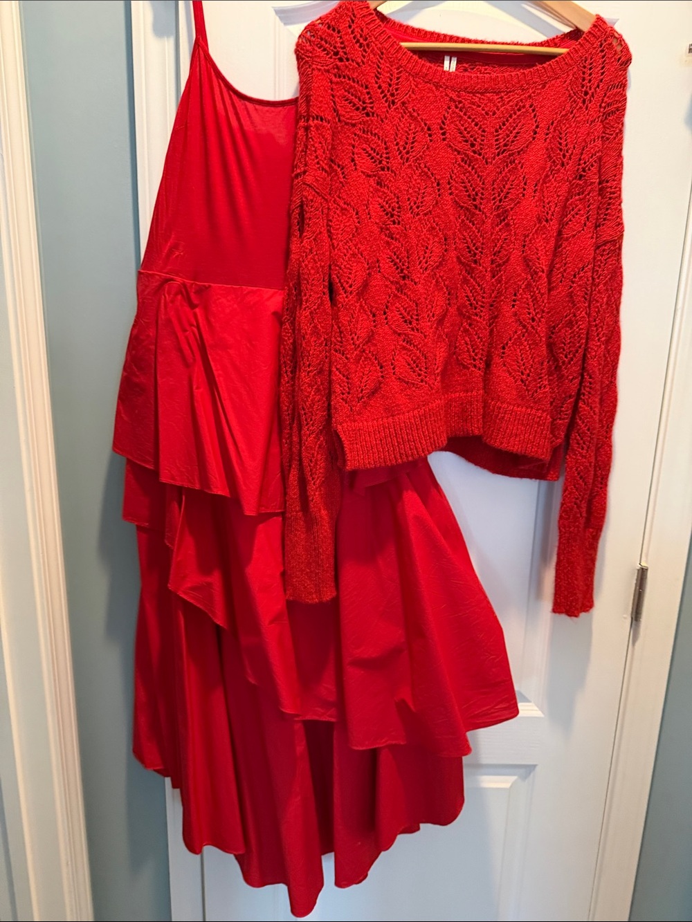 Anthropologie Red Open-Weave Scoop Neck Sweater and under dress